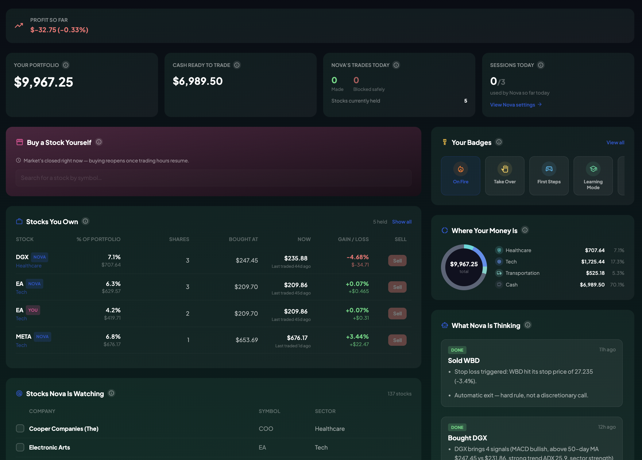 StockMates dashboard showing portfolio value, cash ready to trade, and AI Mate's trades today