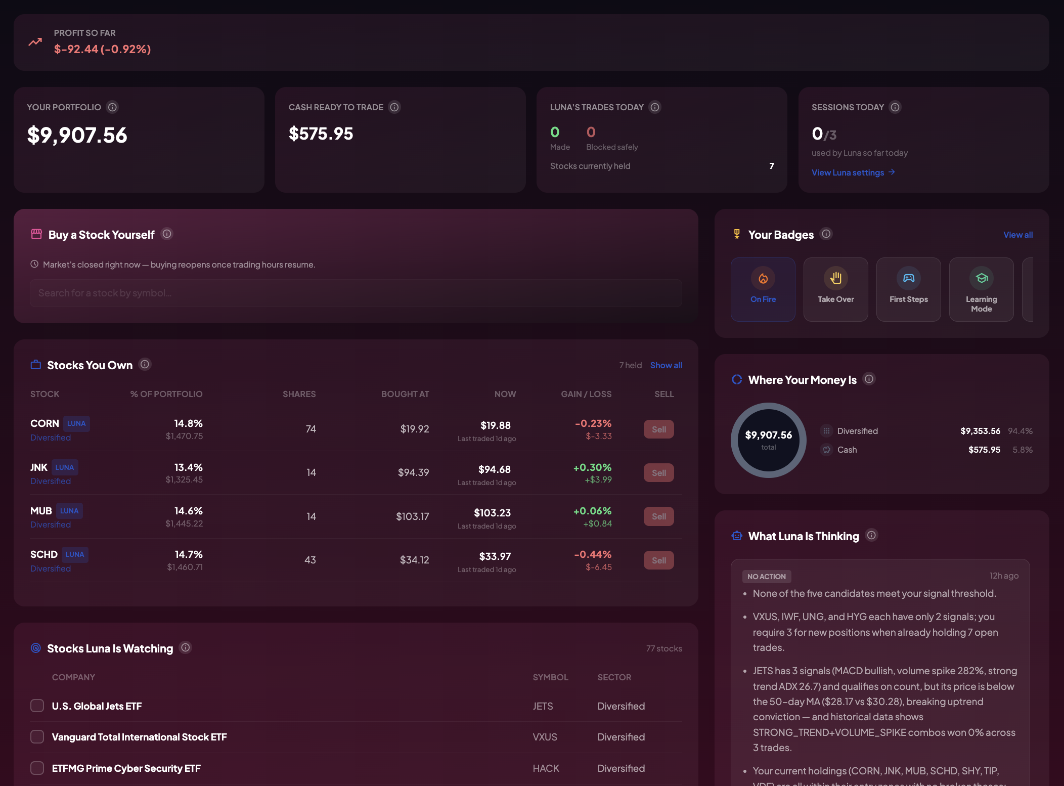 StockMates dashboard showing stocks owned, finished trades, badges, and leaderboard rank